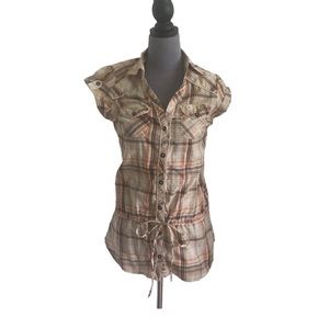 Wet Seal plaid button down blouse with tie waist.